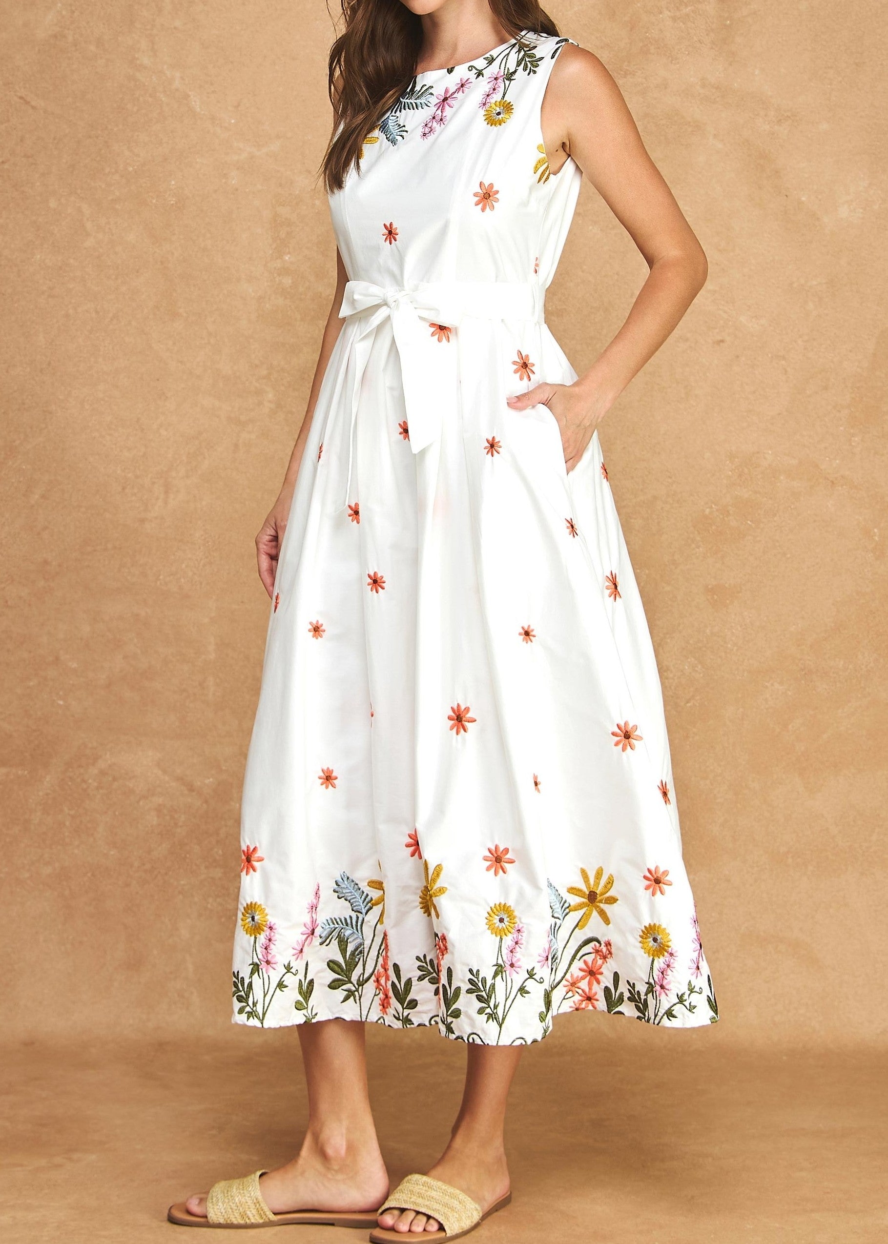 WHITE MULTI FLORAL EMBROIDERY WAIST TIE SLEEVELESS MIDI DRESS