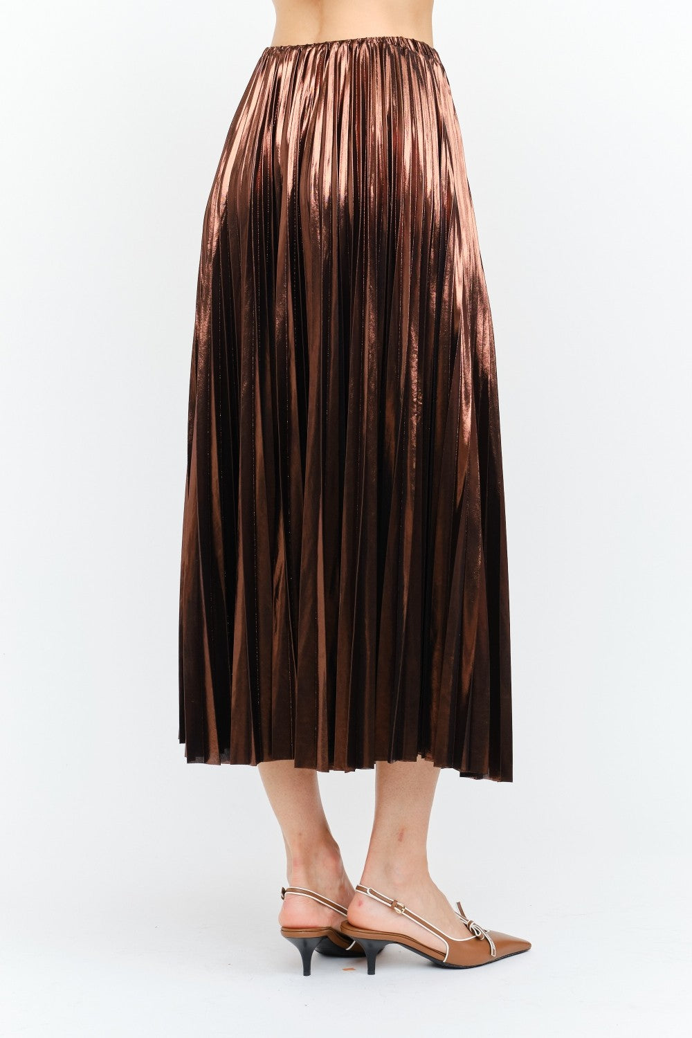 BROWN METALLIC LAME PLEATED ALESSANDRA MIDI SKIRT