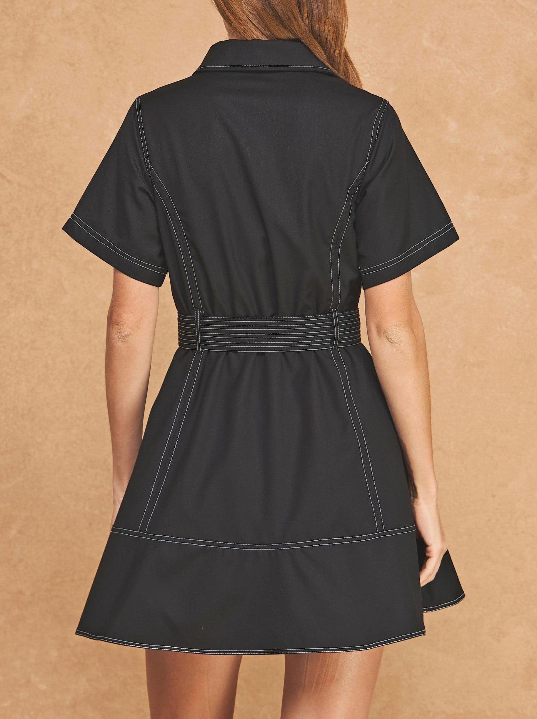 BLACK CONTRAST STITCH SHORT SLEEVE BELTED UTILITY SHIRT MINI DRESS