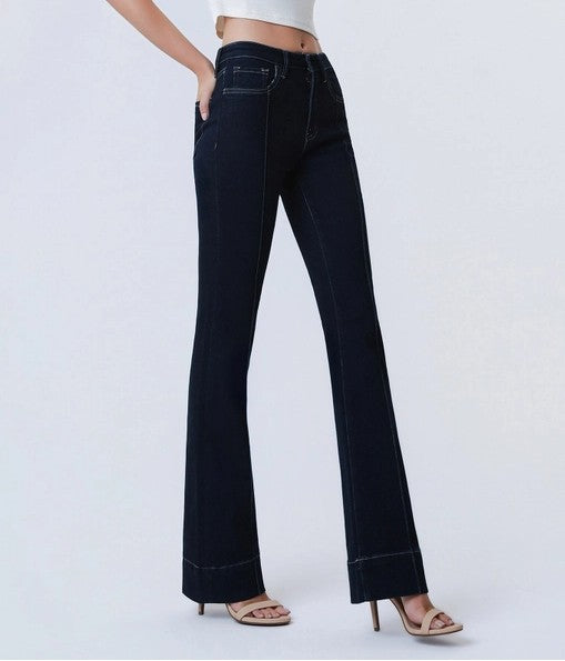 COHESION DARK WASH HIGH RISE PIN TUCK TROUSER HEM BOOTCUT JEANS