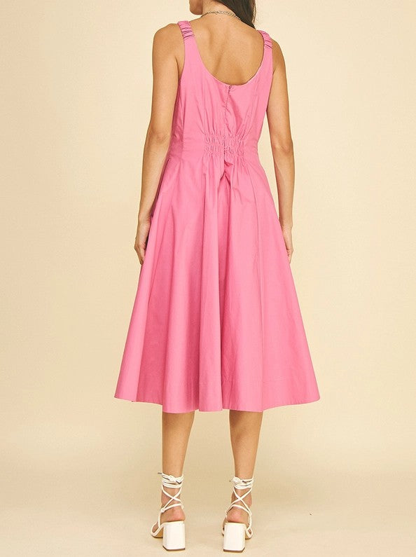 DUSTY PINK FITTED BODICE FLARED SLEEVELESS MIDI DRESS