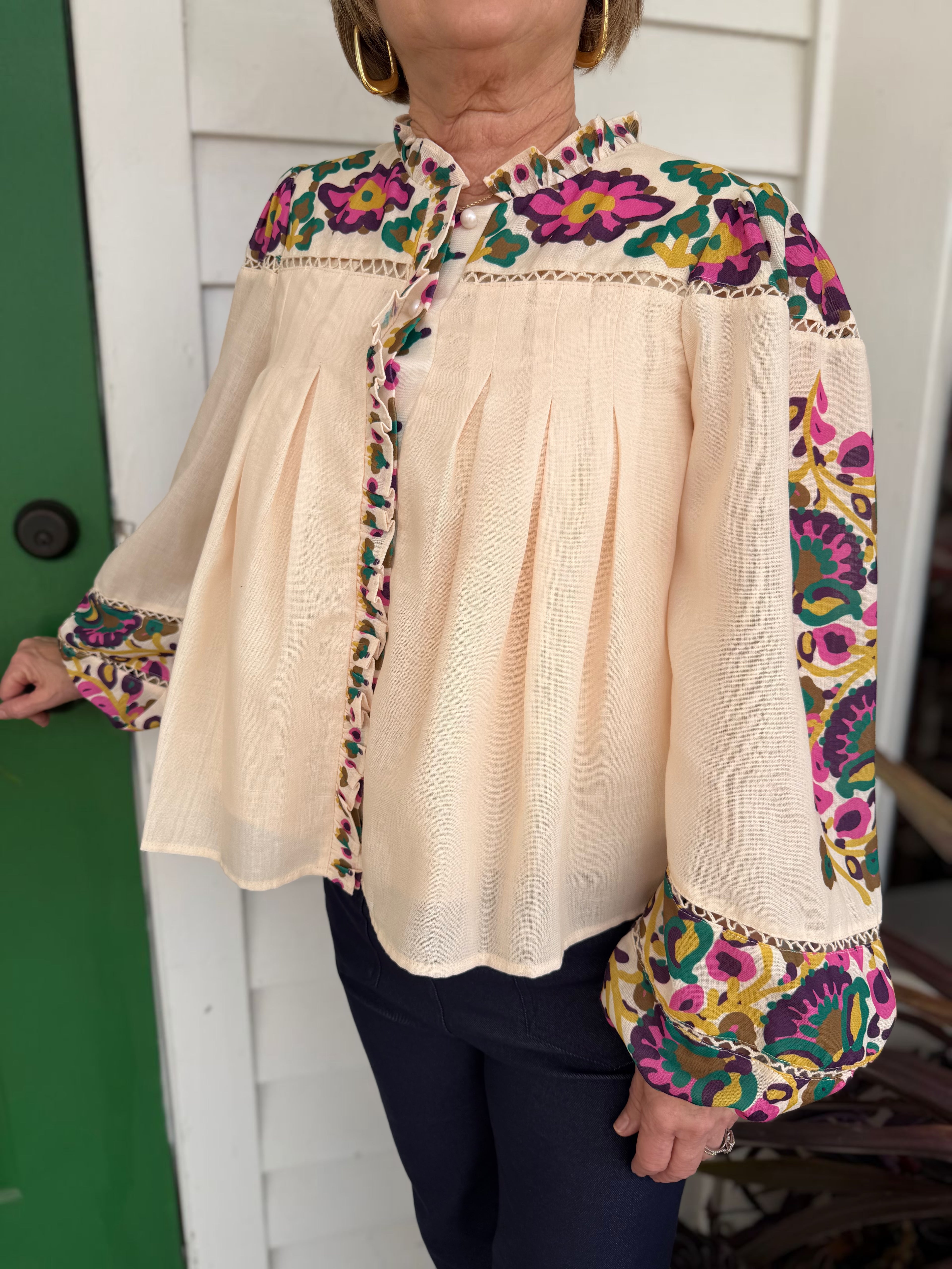 CREAM MULTI FLORAL PRINT LADDER TRIM RUFFLED PLACKET LONG SLEEVE ISME BLOUSE