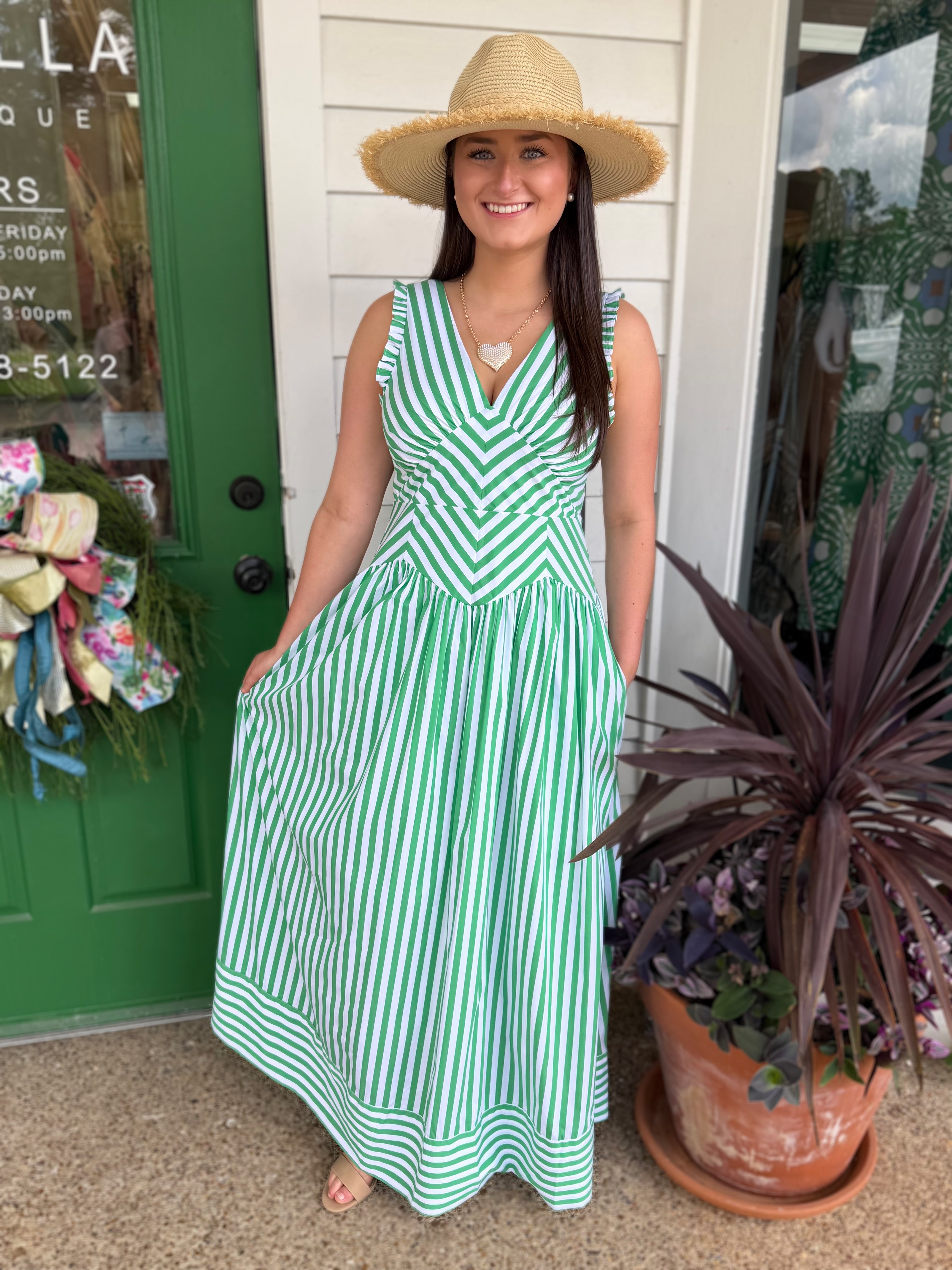 GREEN STRIPE VNECK DROP WAIST SLEEVELESS MAXI DRESS