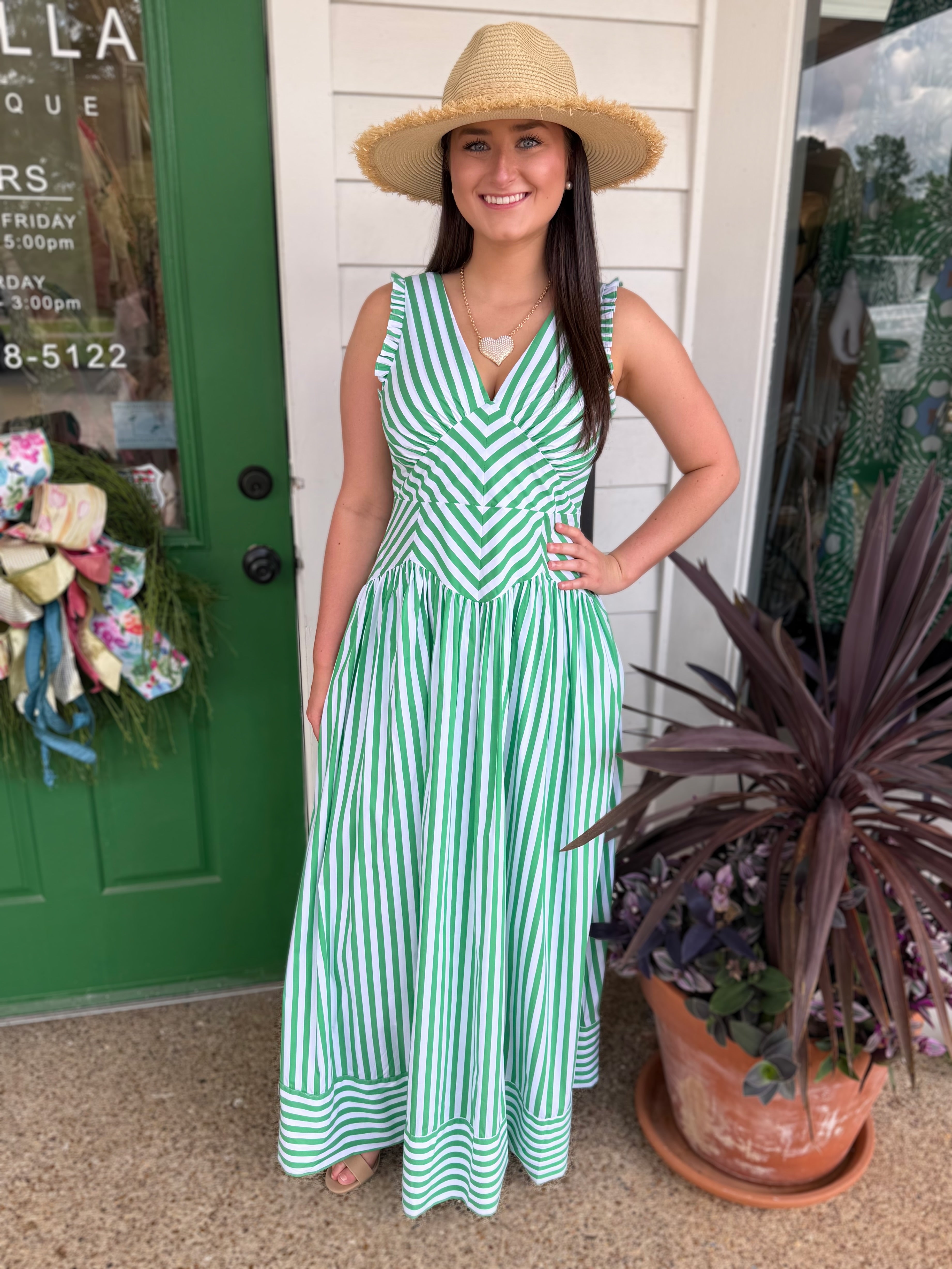GREEN STRIPE VNECK DROP WAIST SLEEVELESS MAXI DRESS