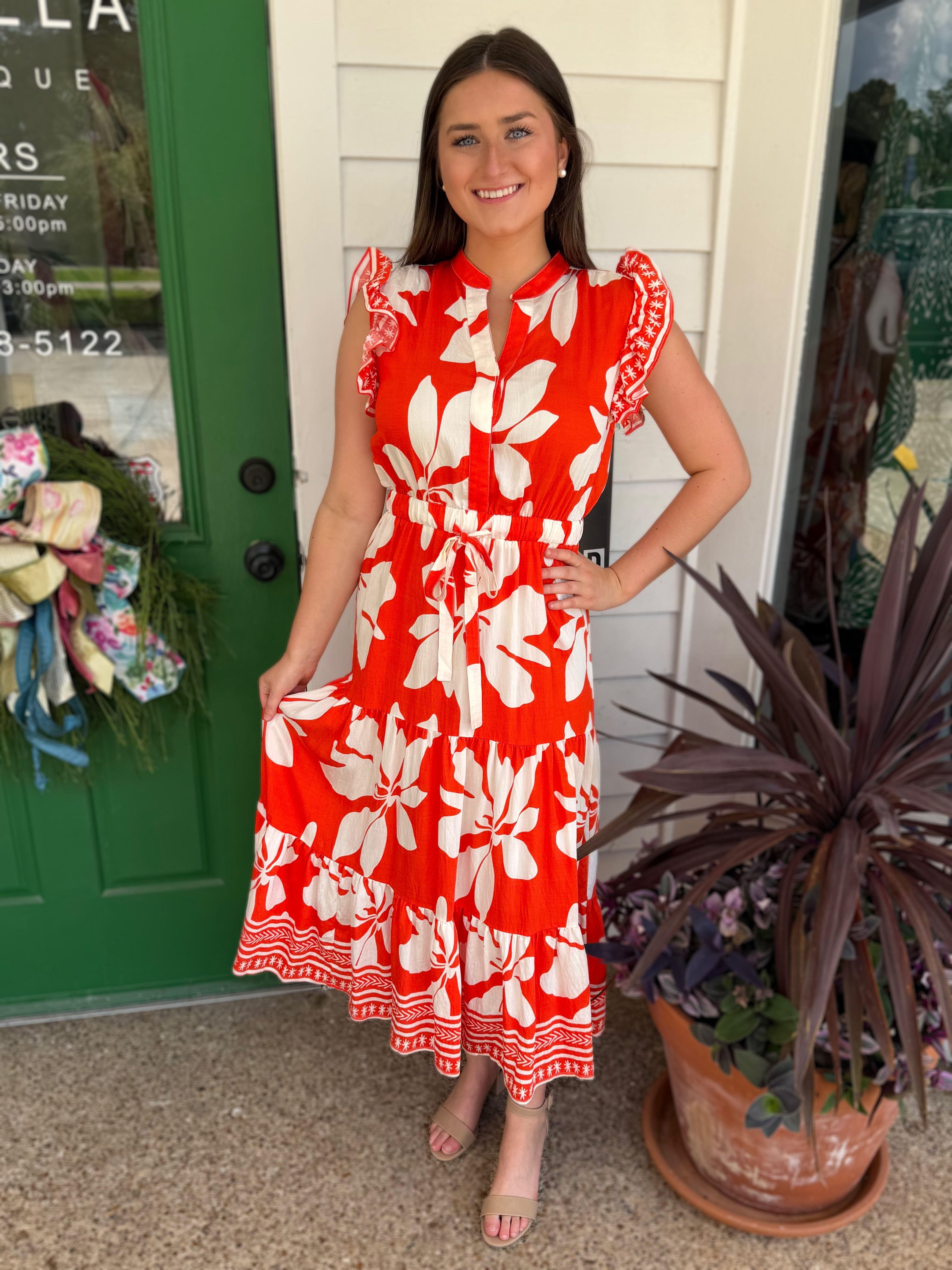 ORANGE FLORAL PRINT RUFFLE SLEEVE TIERED MIDI DRESS