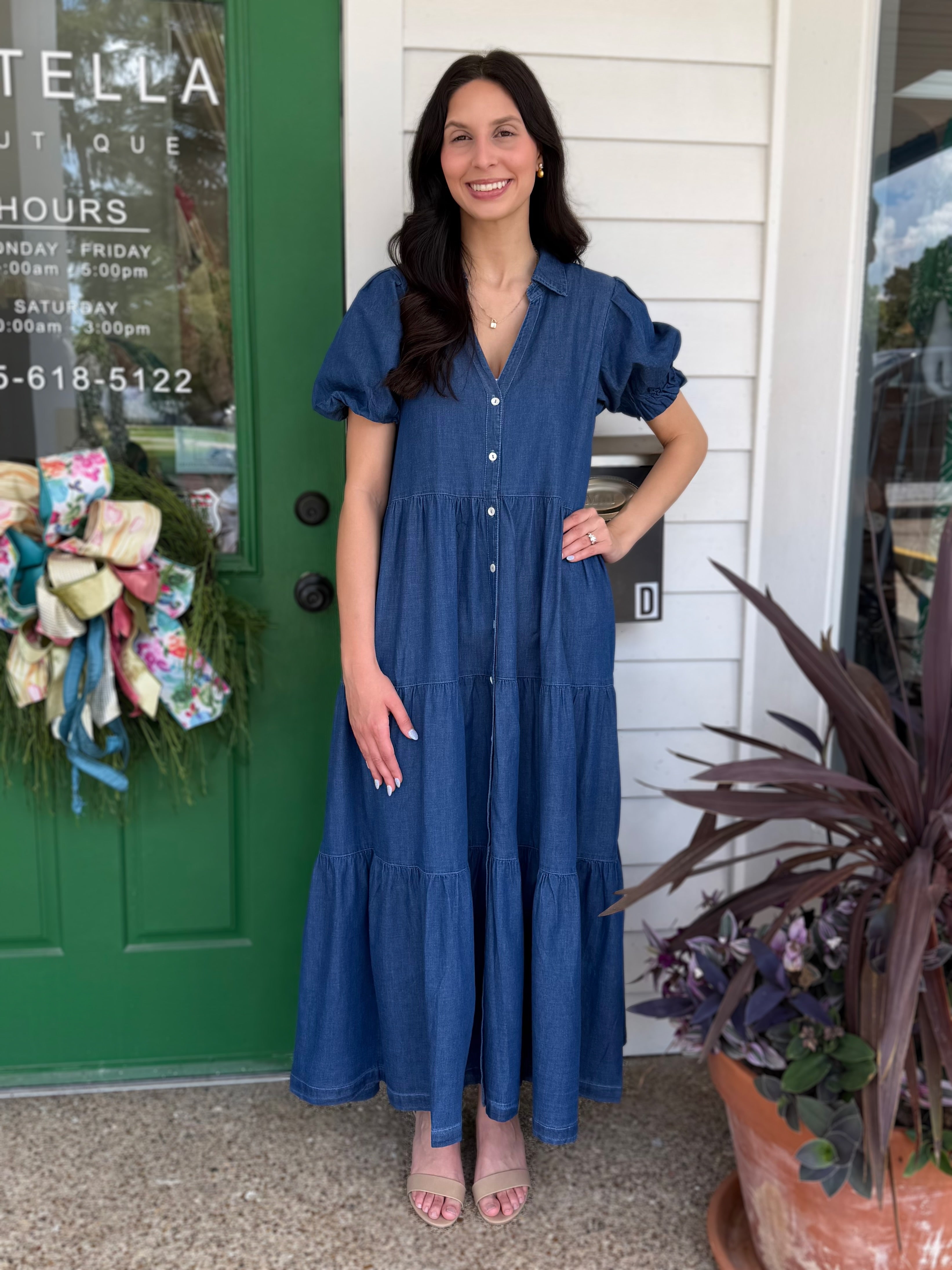 MEDIUM INDIGO DENIM SHORT PUFF SLEEVE TIERED MAXI DRESS