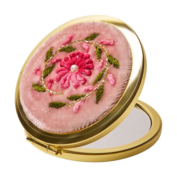 PINK PETALS VELVET EMBROIDERED COMPACT MIRROR