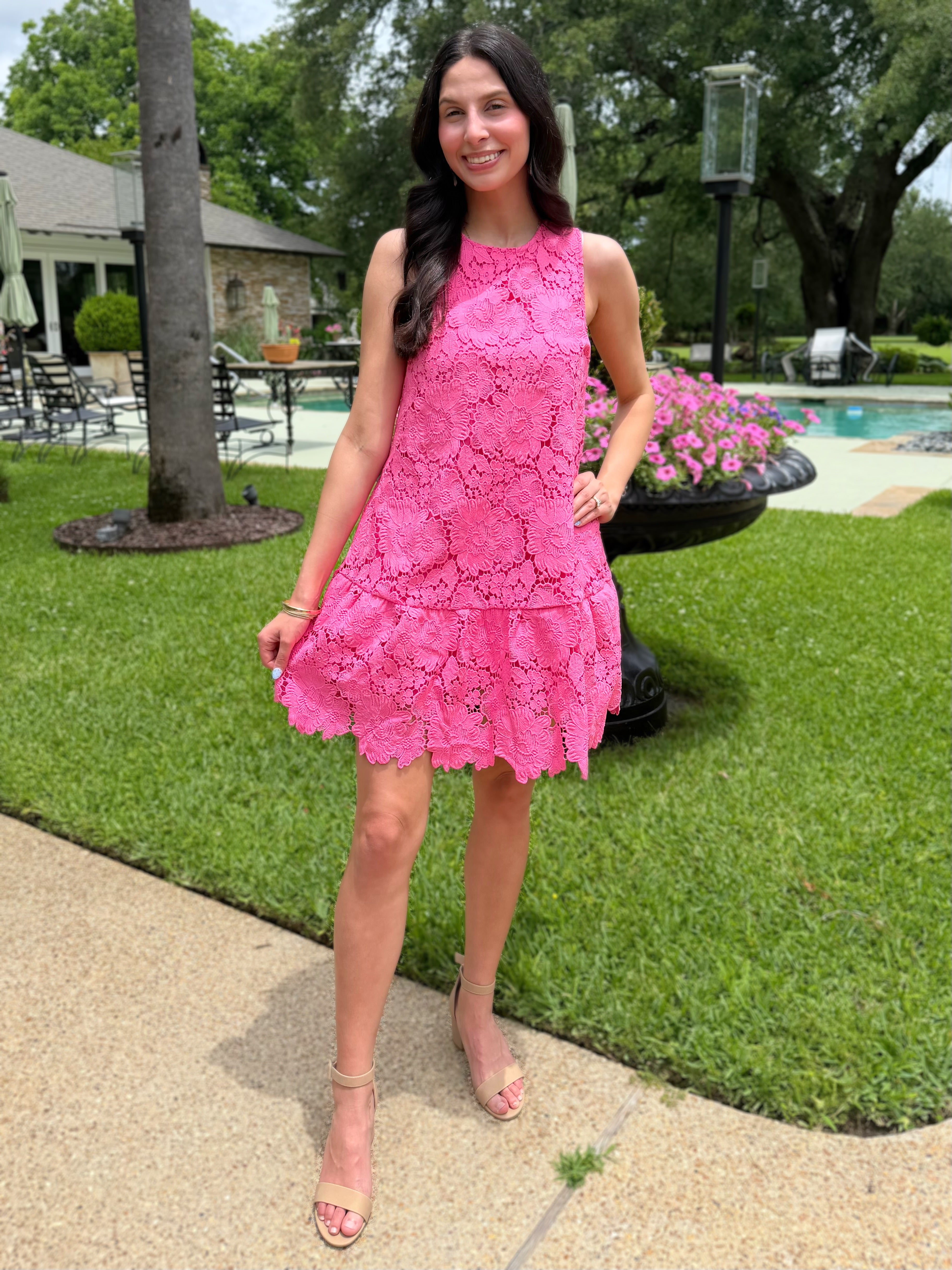 HOT PINK FLORAL EYELET BOW BACK SLEEVELESS MINI DRESS