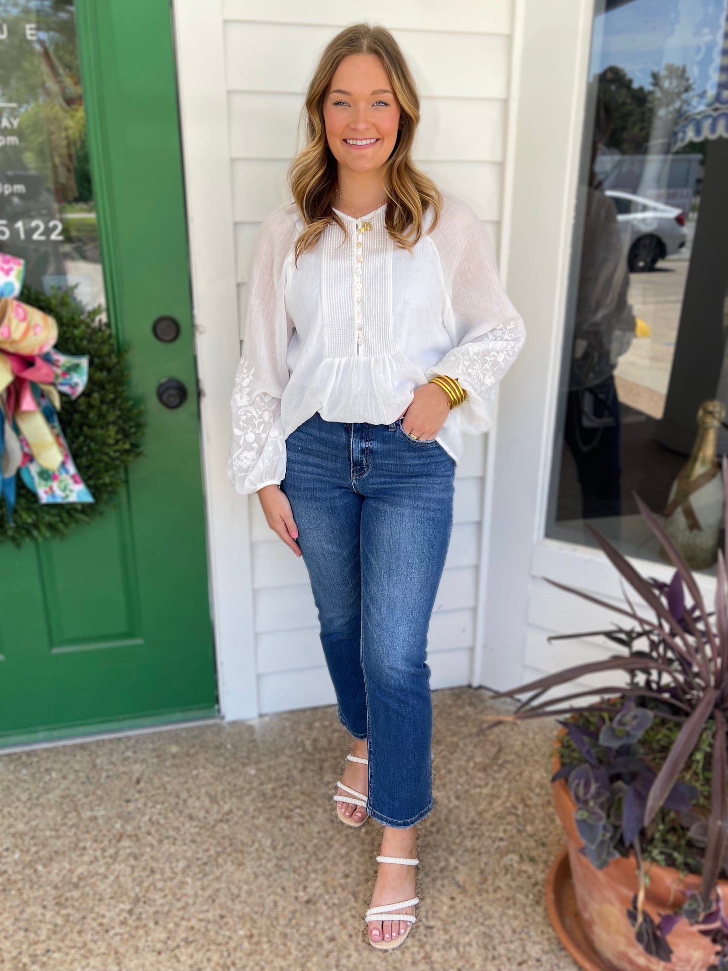WHITE EMBROIDERY DETAIL LONG SLEEVE BLOUSE