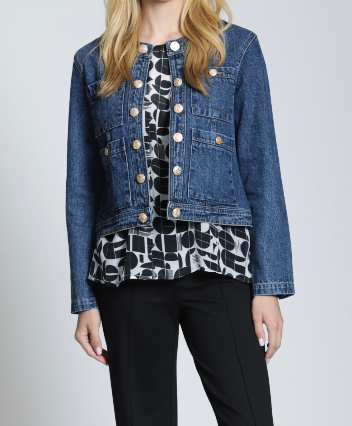 MEDIUM INDIGO COLLARLESS LONG SLEEVE DENIM JACKET