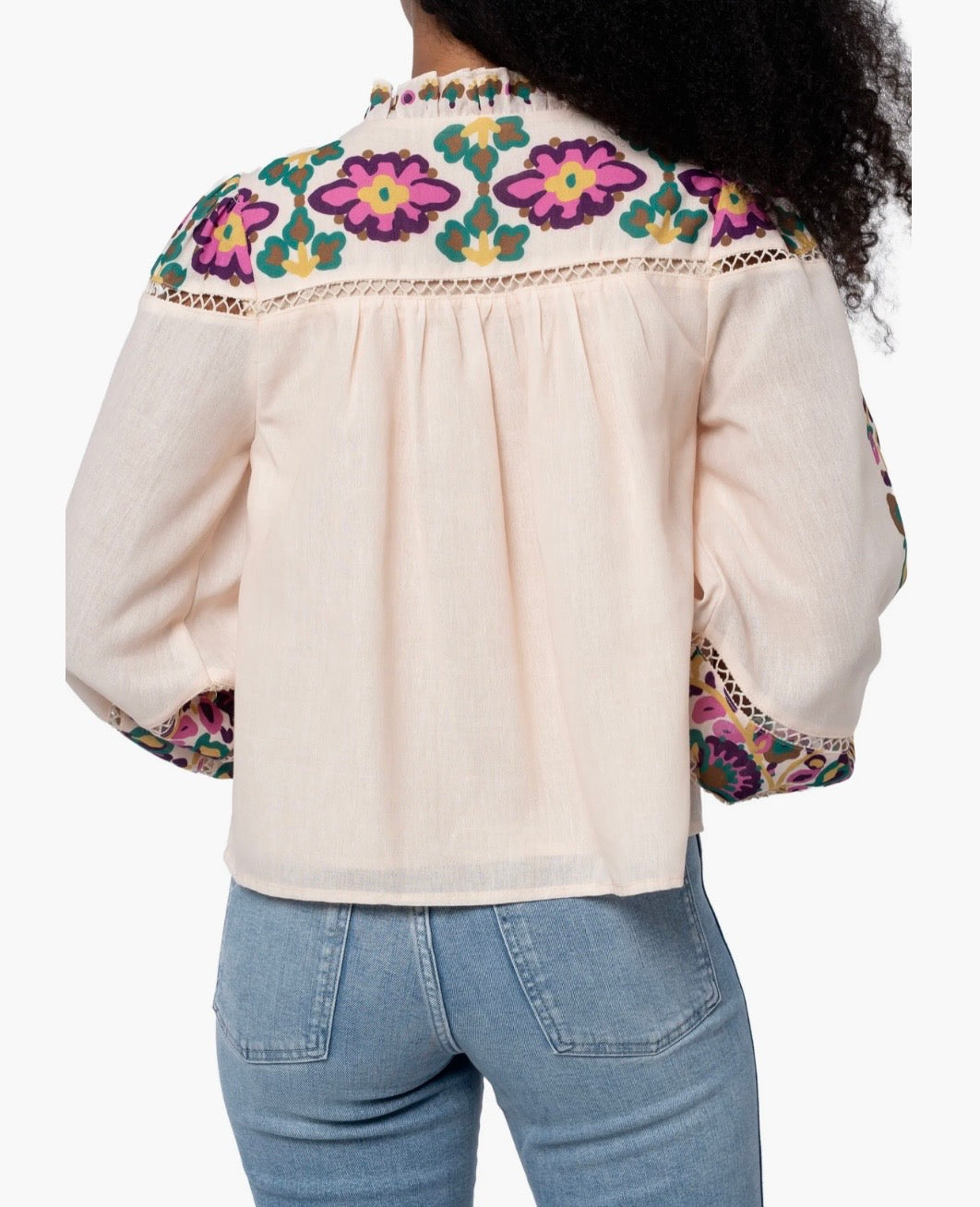 CREAM MULTI FLORAL PRINT LADDER TRIM RUFFLED PLACKET LONG SLEEVE ISME BLOUSE