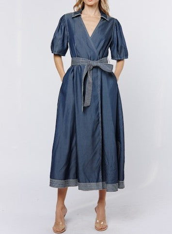 BLUE DENIM TRUE WRAP ROSANNA MIDI DRESS