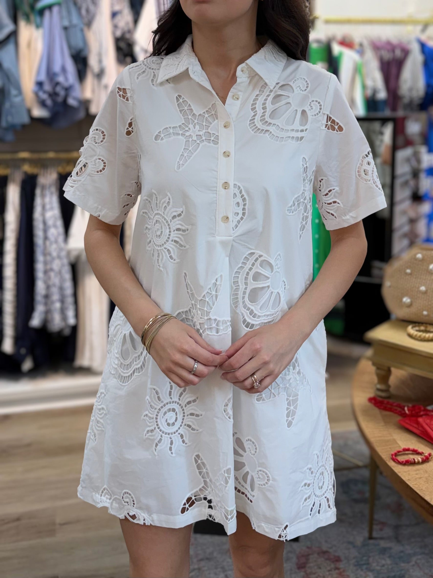 OFF WHITE BEACHY EYELET PLEAT DETAIL QUARTER BUTTON UP MINI DRESS