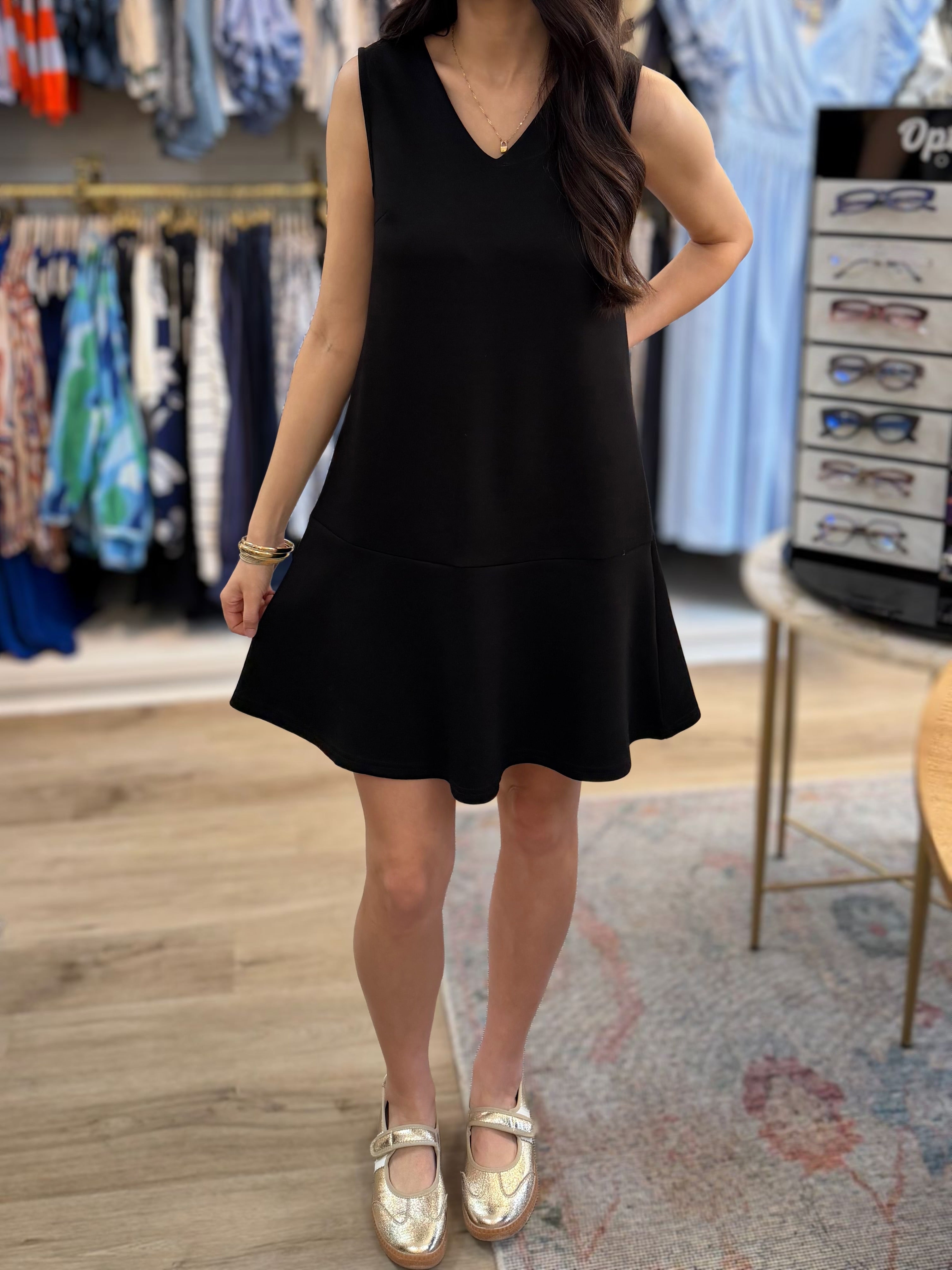 BLACK PCILL BUTTER MODAL SLEEVELESS FLUTTER SKIRT MINI DRESS