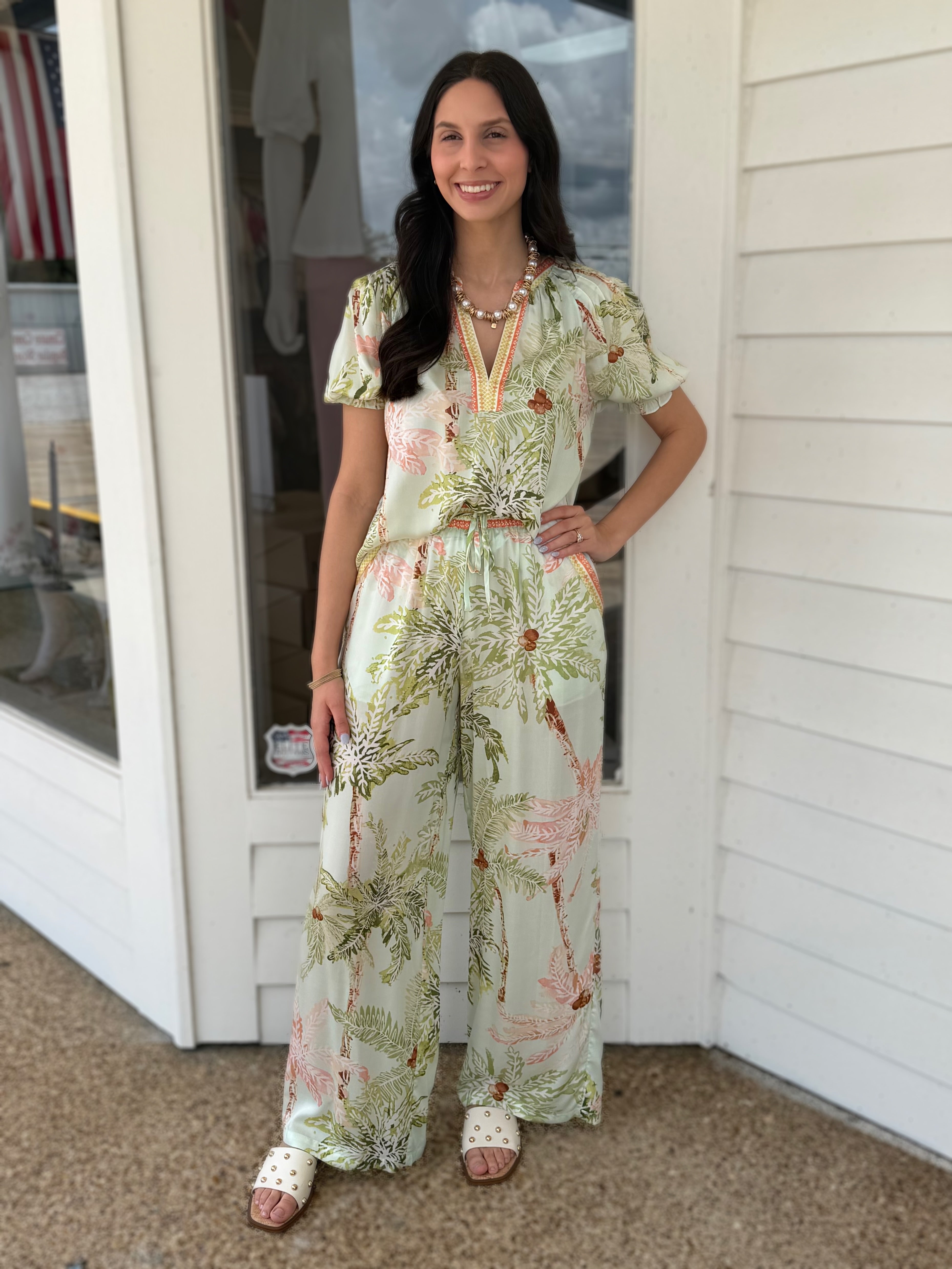 SEAFOAM TROPICAL PRINT LONG WIDE LEG ELASTIC WAISTBAND PANTS