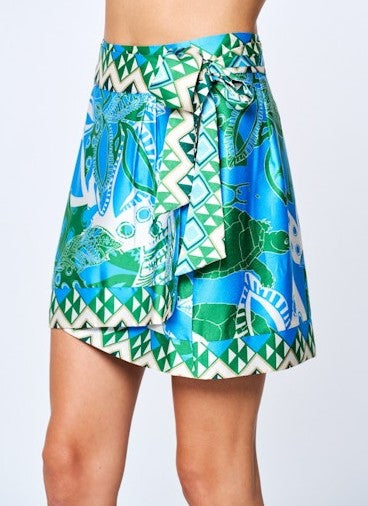 BLUE TURTLE PRINT JENISHA WRAP MINI SKIRT
