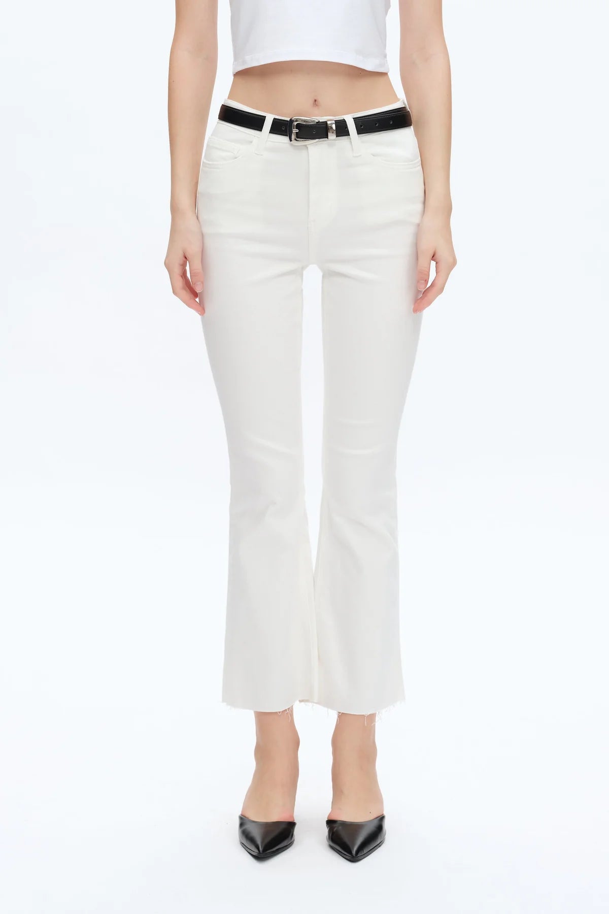 WHITE MID RISE RAW HEM ANKLE BOOTCUT EMILY DENIM JEANS