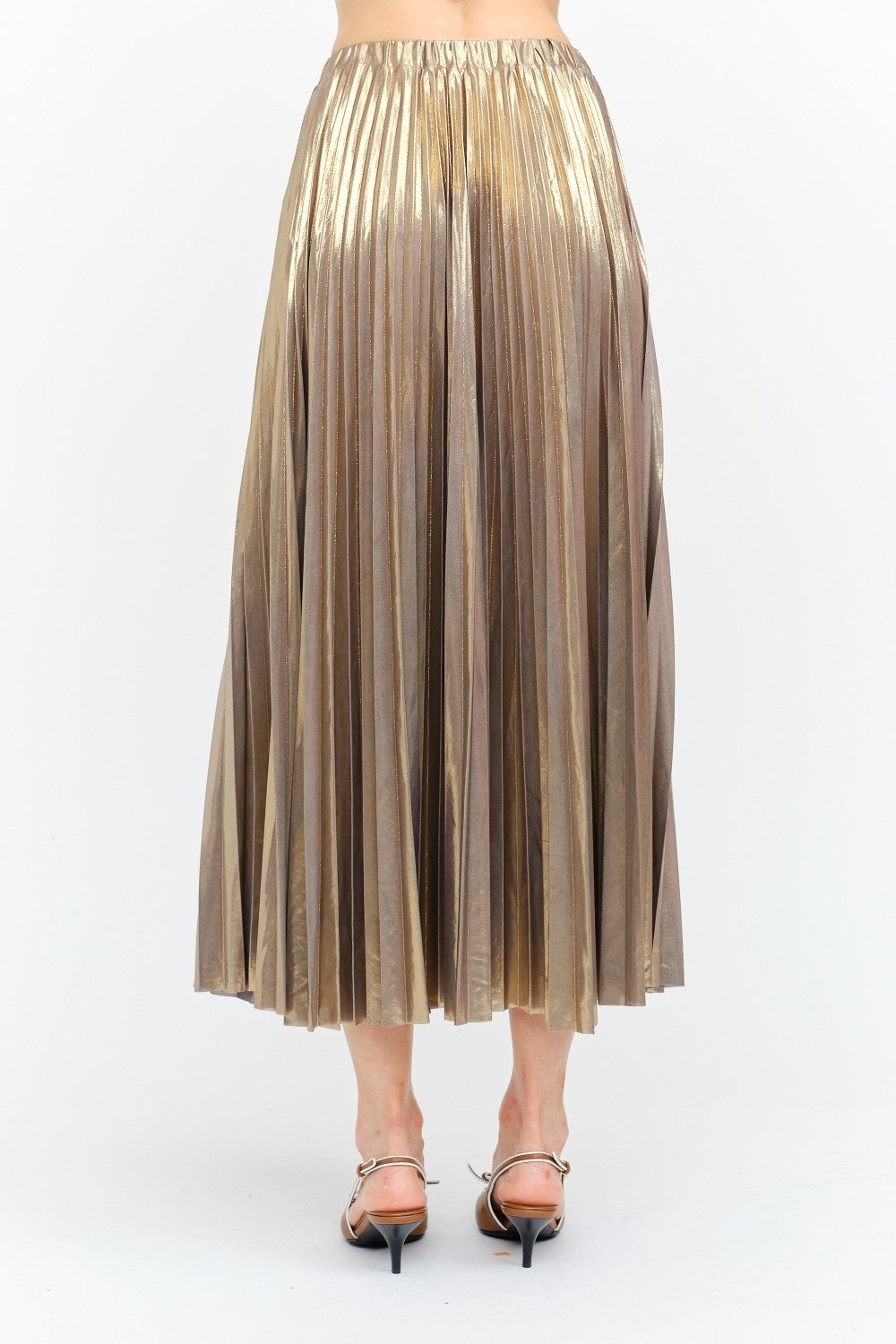 GUNMETAL GOLD METALLIC LAME PLEATED ALESSANDRA MIDI SKIRT