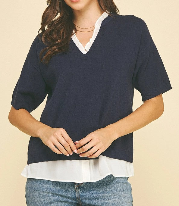 NAVY MIXED MEDIA LAYERED KNIT TOP