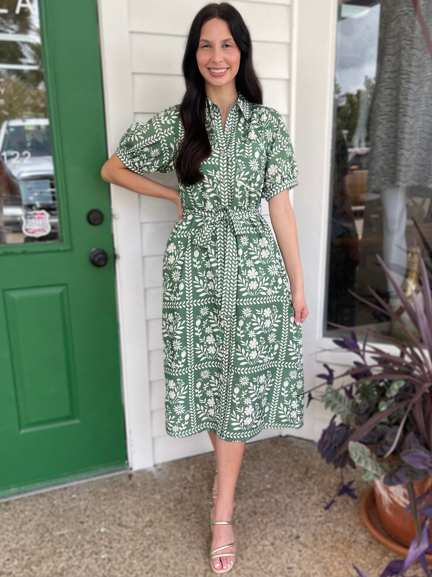 DUSTY GREEN & IVORY PRINTED TIE STRAP SHIRT MIDI DRESS