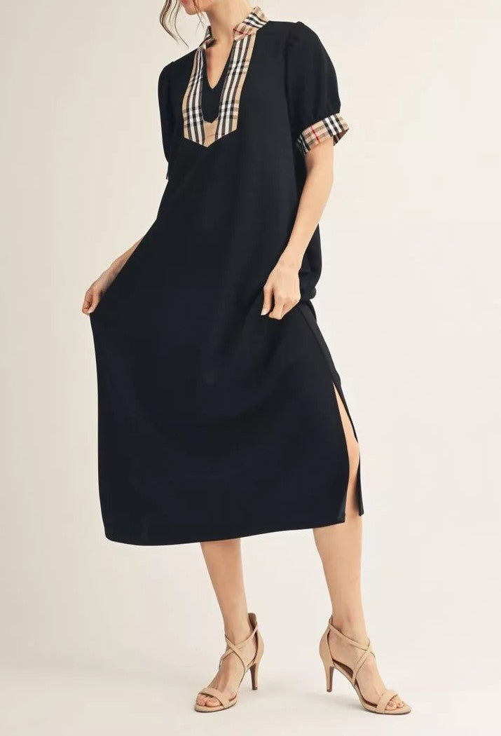 BLACK/PLAID CONTRAST DETAIL SHORT PUFF SLEEVE MIDI DRESS