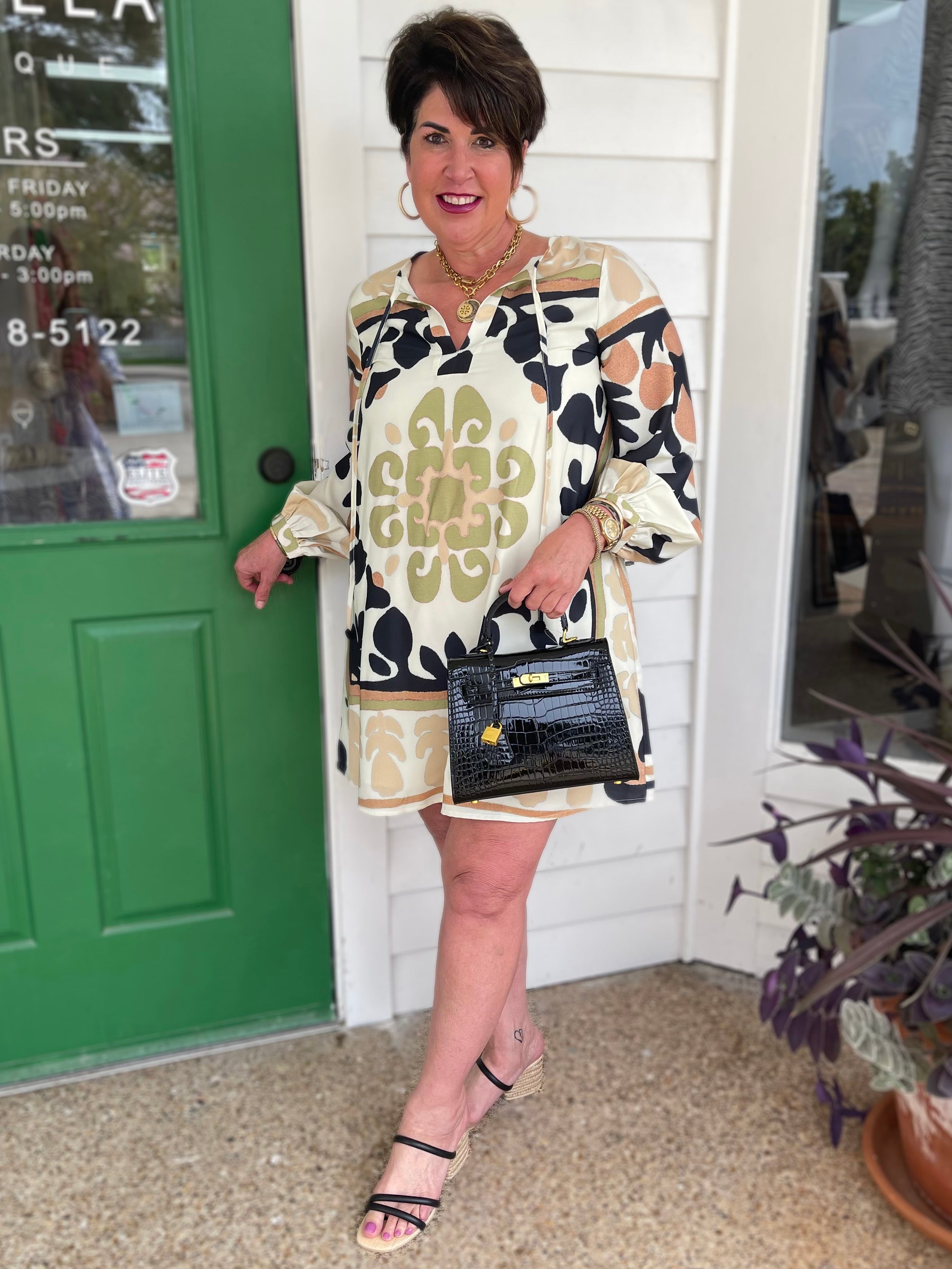 BROWN MULTI PRINTED JEINNY MINI HOUSE DRESS