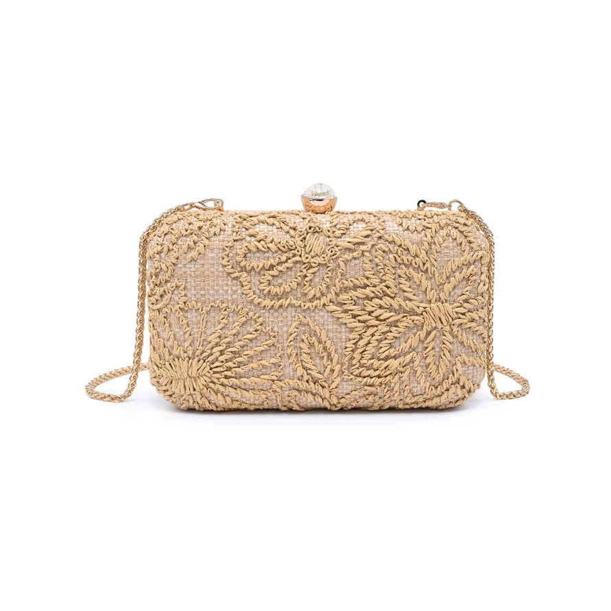 NATURAL FLORAL EMBROIDERED WOVEN CARTER EVENING BAG