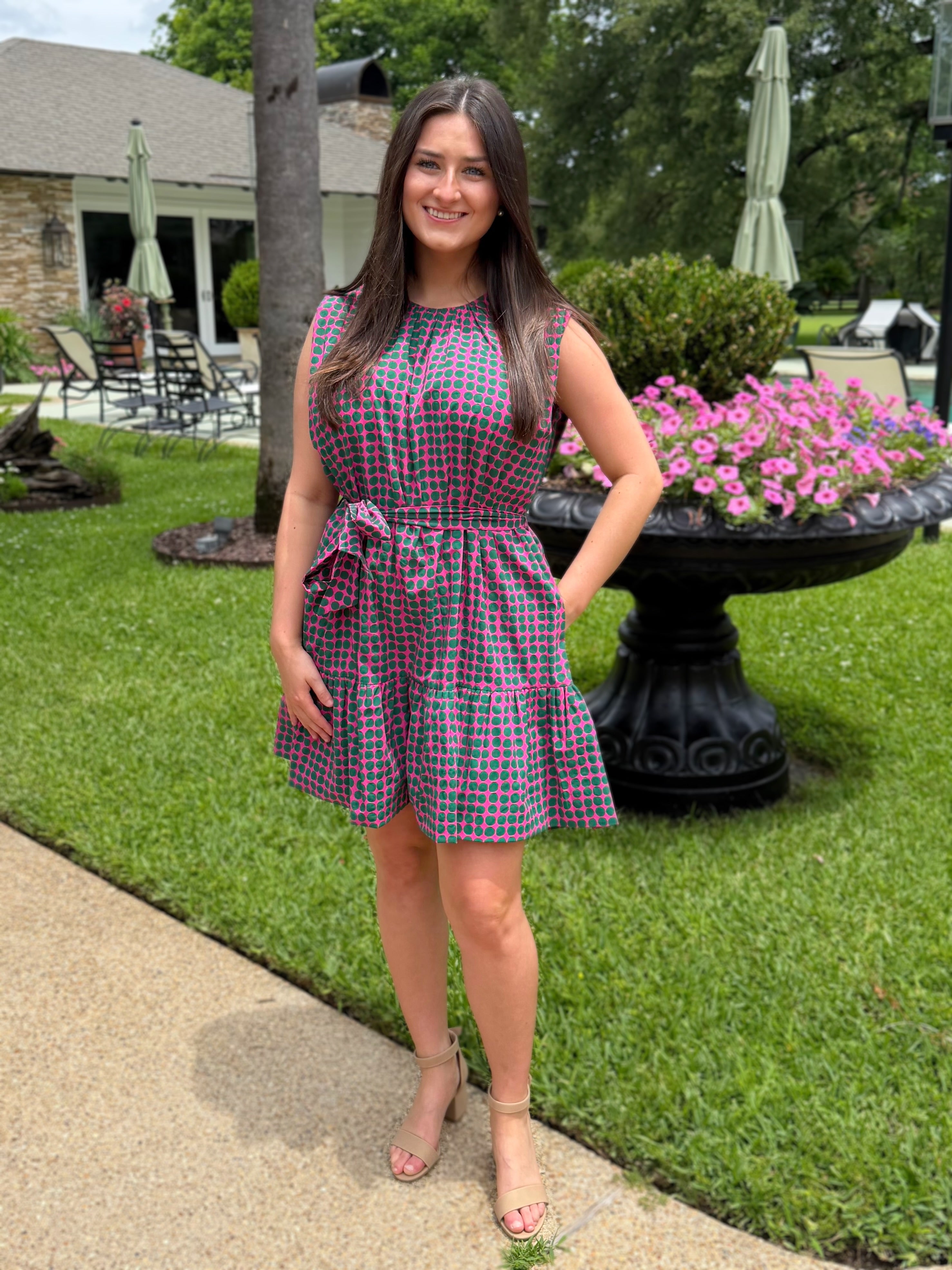 PINK & GREEN POLKA DOT TIERED MINI DRESS