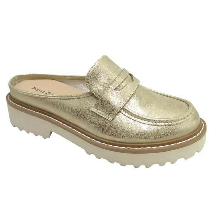GOLD METALLIC CHUNKY PLATFORM SLIP-ON MULE MORA LOAFER