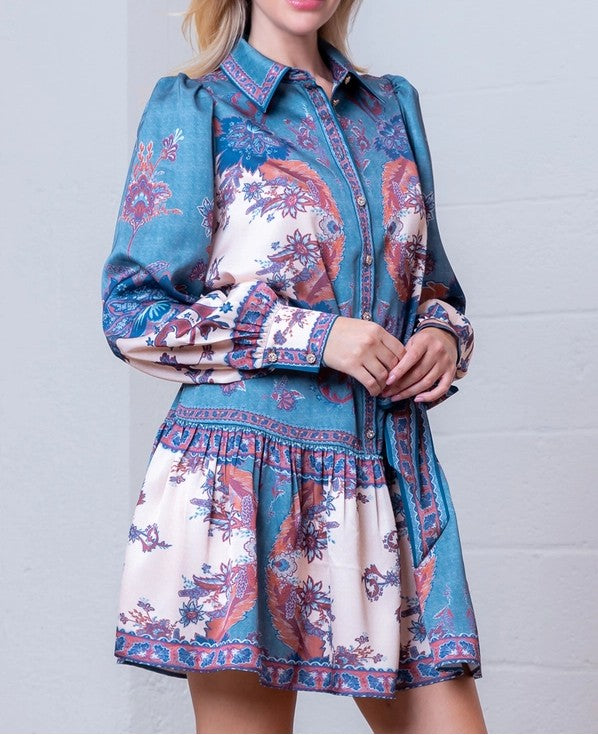 BLUE/CREAM MULTI FLORAL PLACEMENT PRINT BUTTON UP LONG SLEEVE SATIN MINI DRESS
