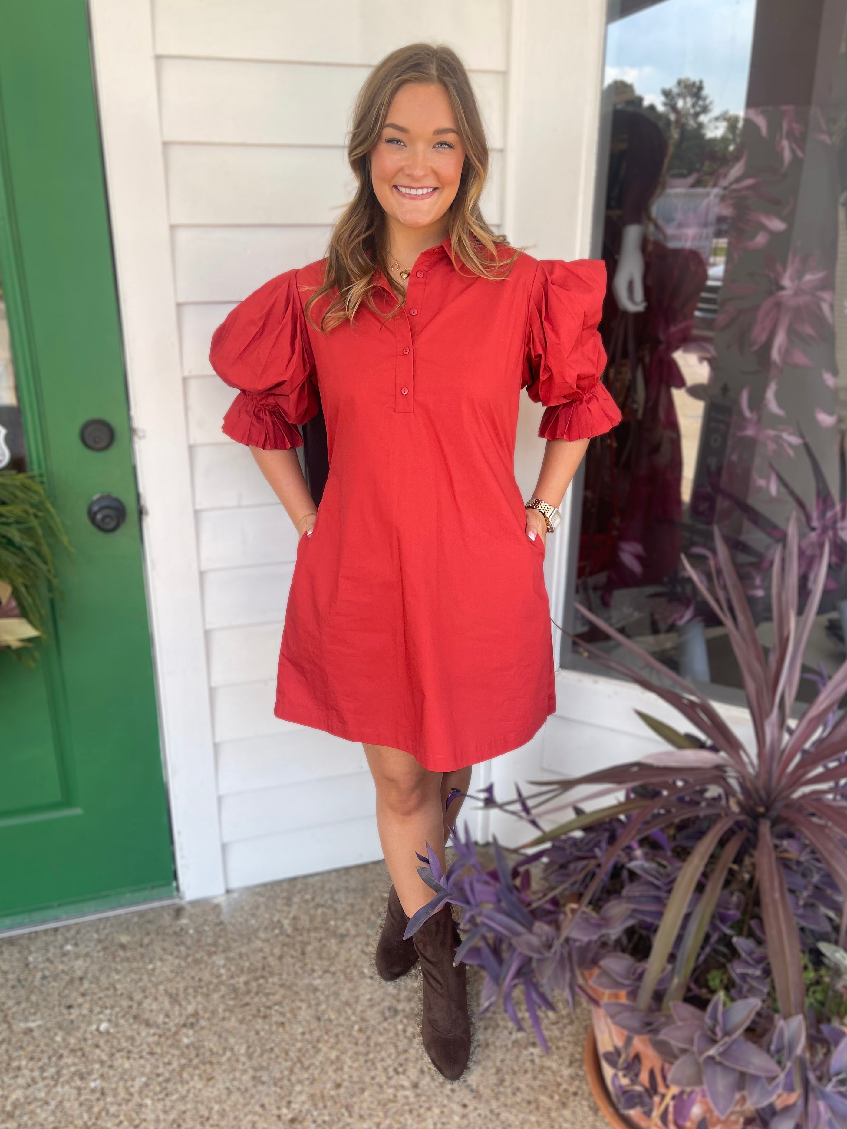 CHERRY RED POPLIN PLEATED SLEEVE SHIRT DRESS