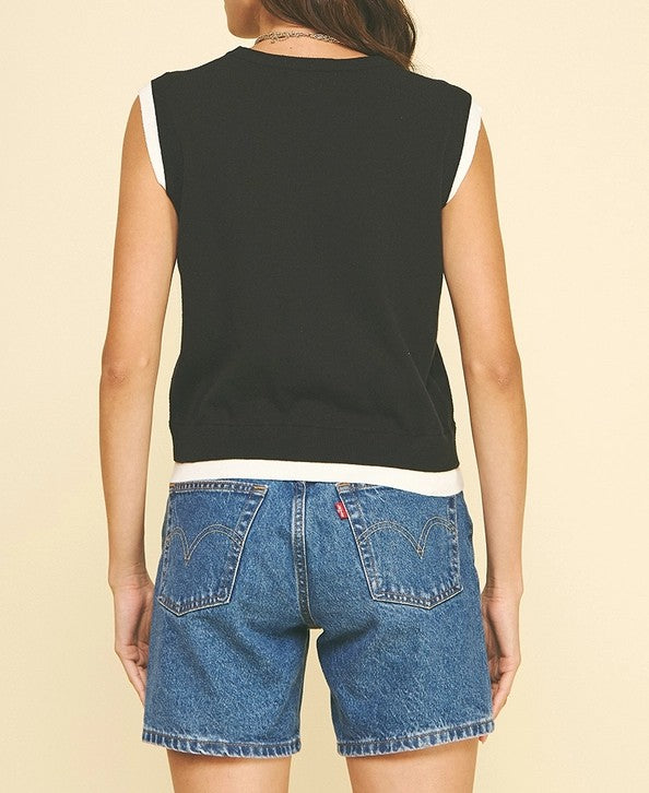 BLACK/IVORY DOUBLE LAYERED SLEEVELESS KNIT TOP