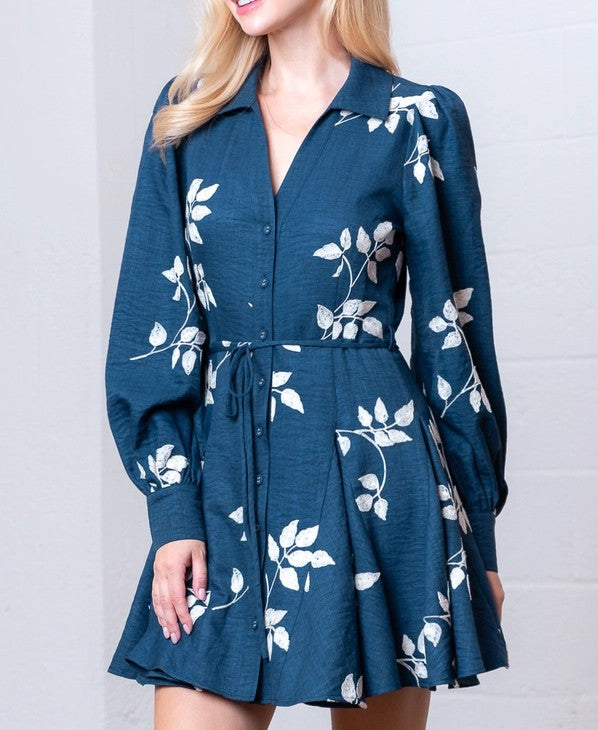 NAVY/WHITE EMBROIDERED LONG SLEEVE BUTTON DOWN MINI DRESS