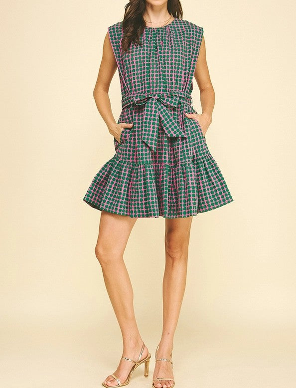 PINK & GREEN POLKA DOT TIERED MINI DRESS