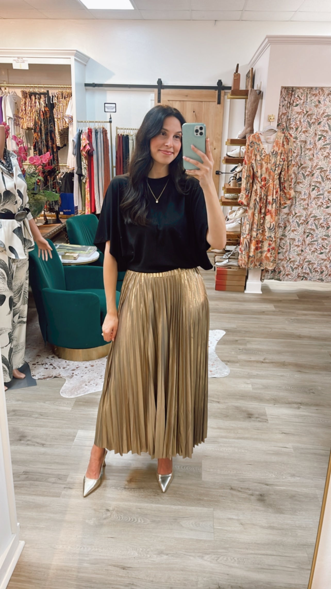 GUNMETAL GOLD METALLIC LAME PLEATED ALESSANDRA MIDI SKIRT