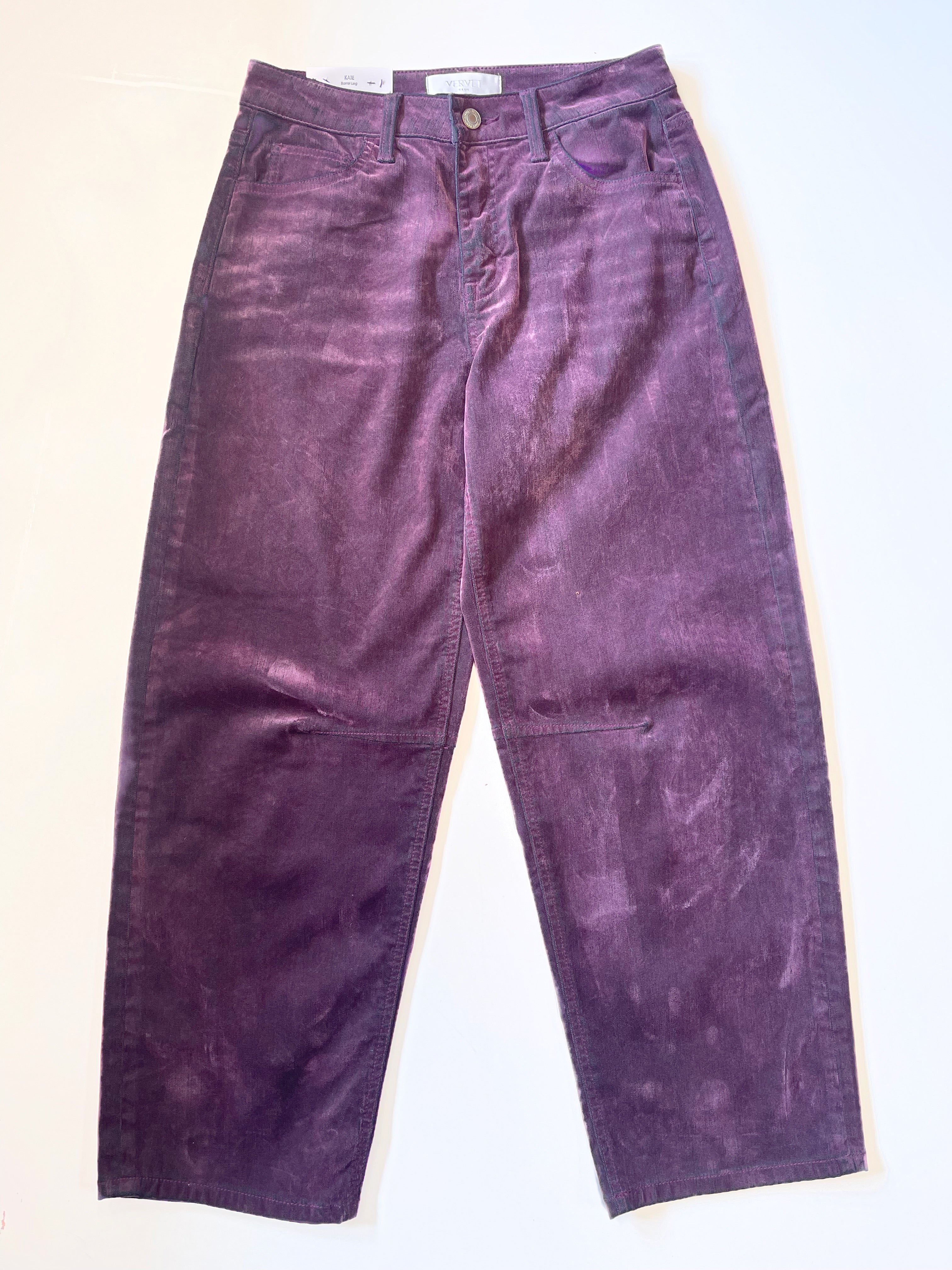 PURPLE FLOCKED HIGH RISE BARREL LEG JEANS
