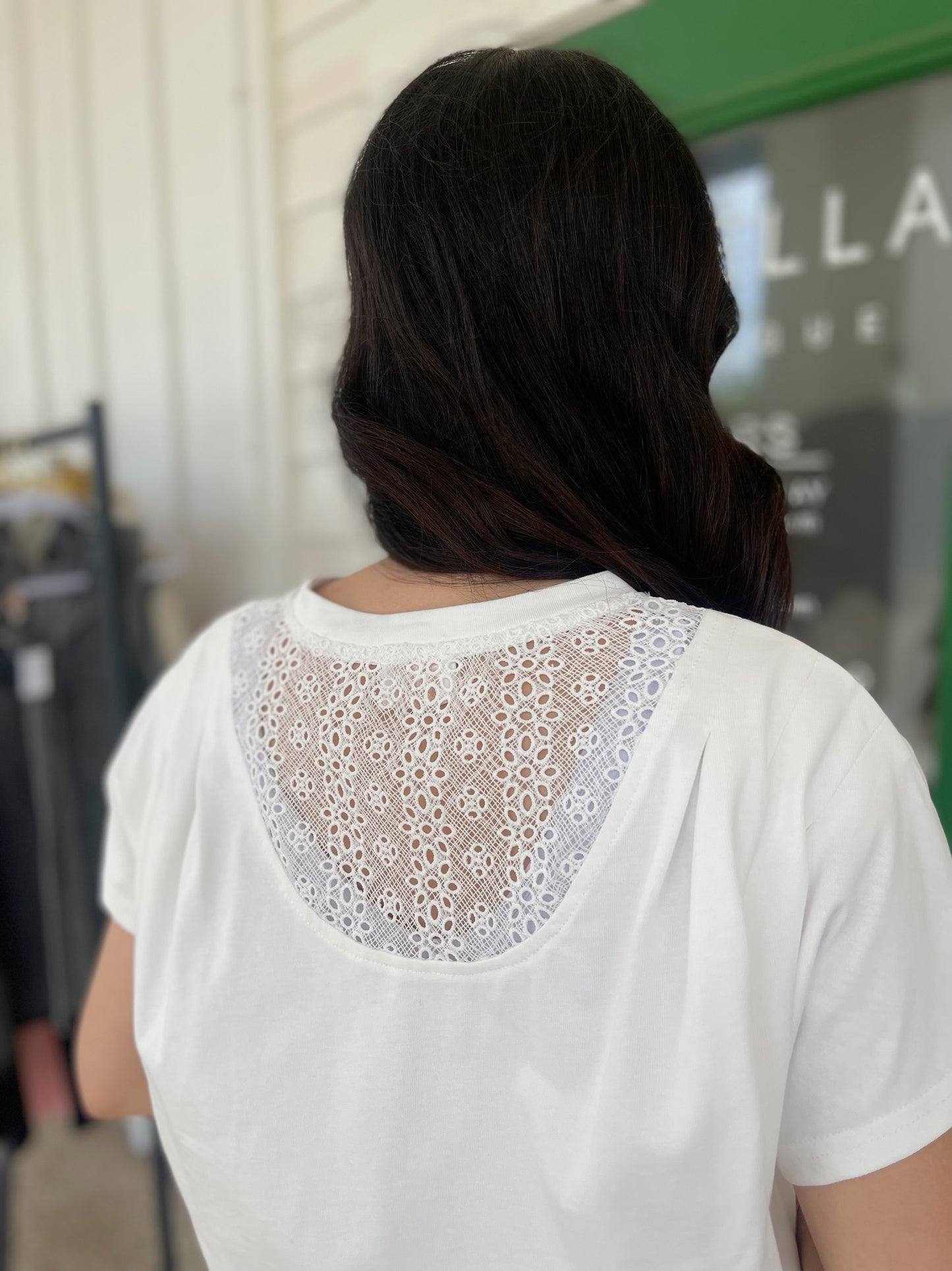 OFF WHITE LACE BACK PINTUCK SHORT SLEEVE TOP