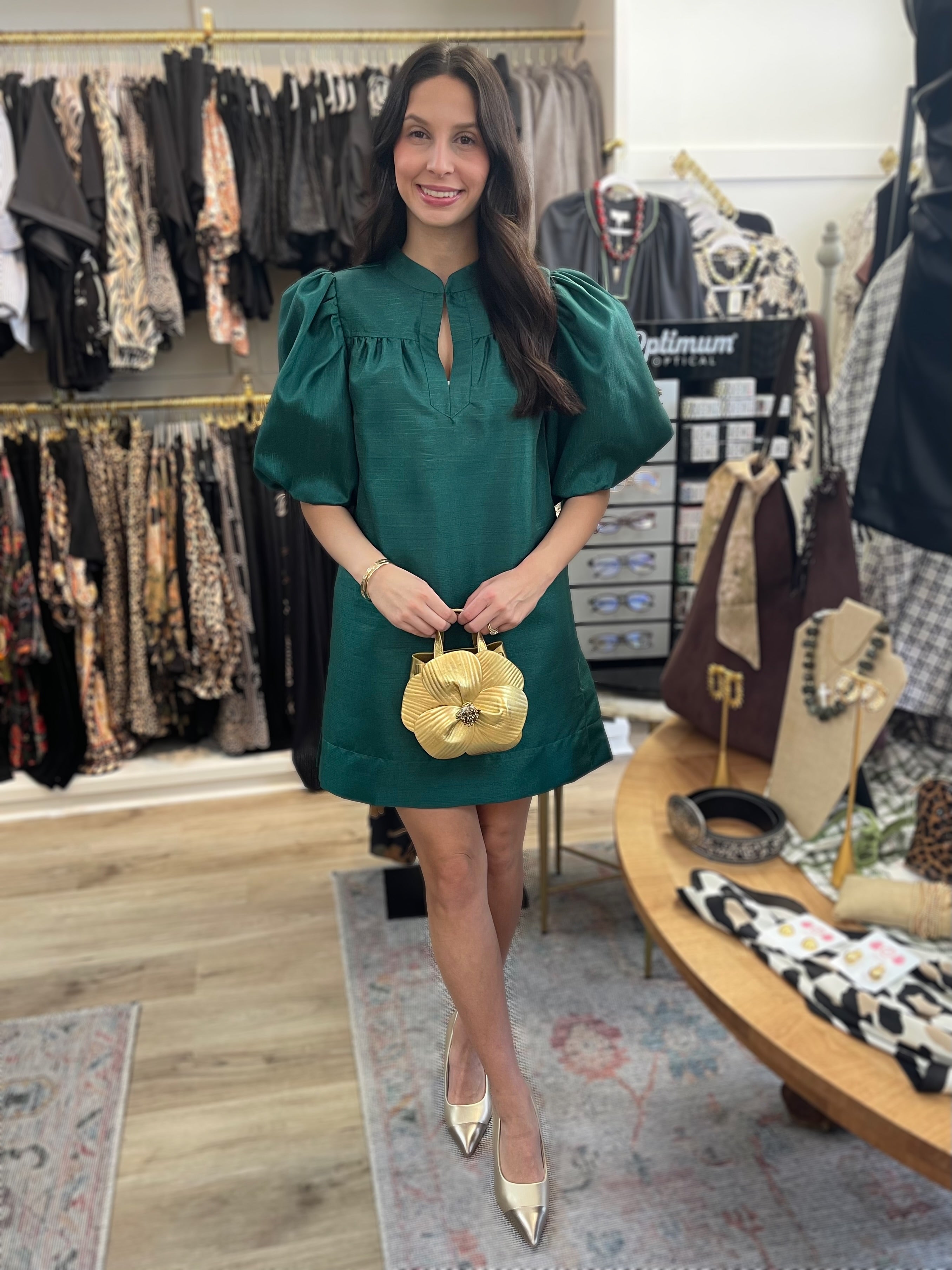 GREEN METALLIC MANDARIN COLLAR VNECK PUFF SLEEVE MINI DRESS