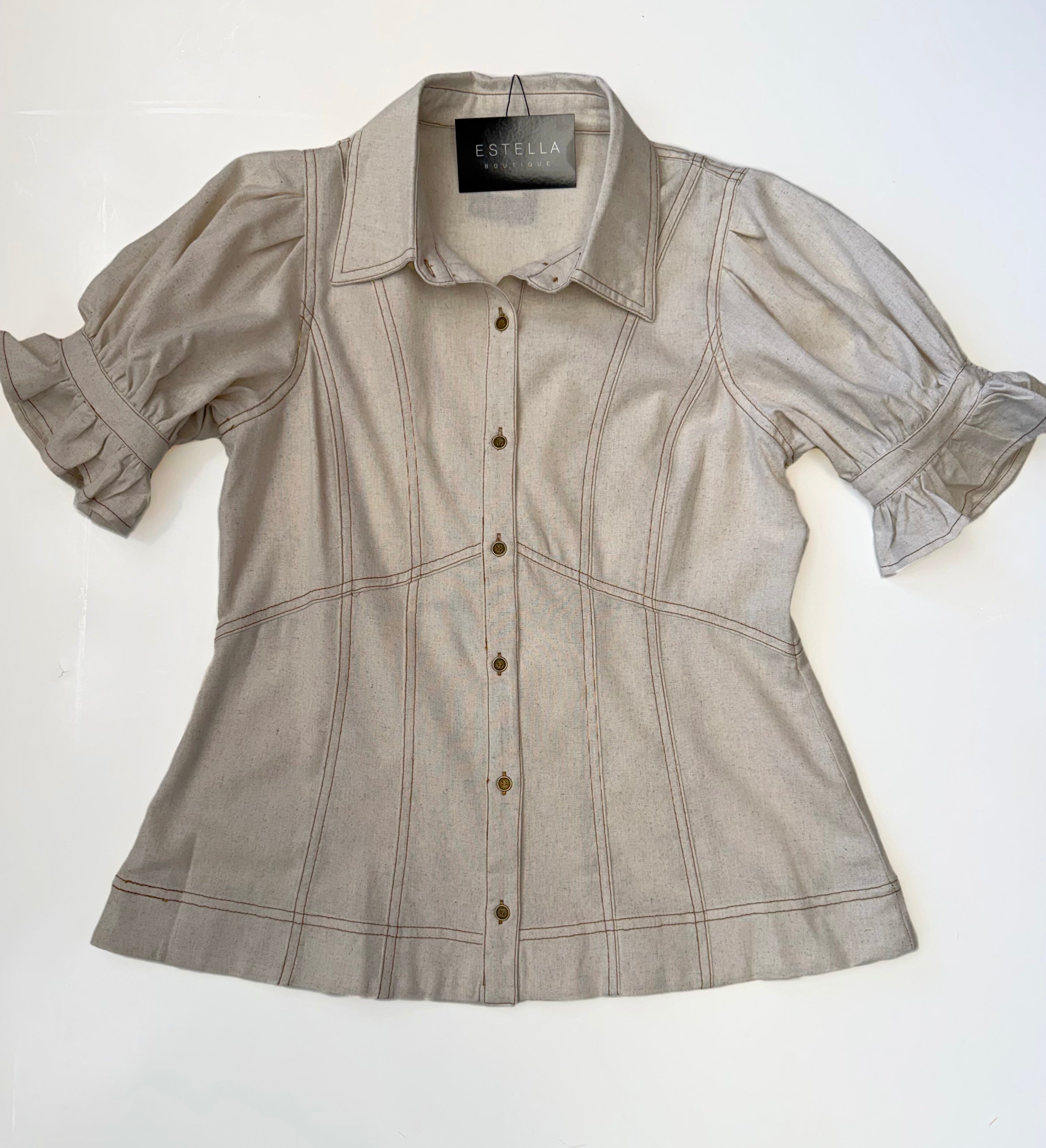 OATMEAL WOVEN LINEN PUFF SLEEVE BUTTON UP CONTRAST STITCH TOP