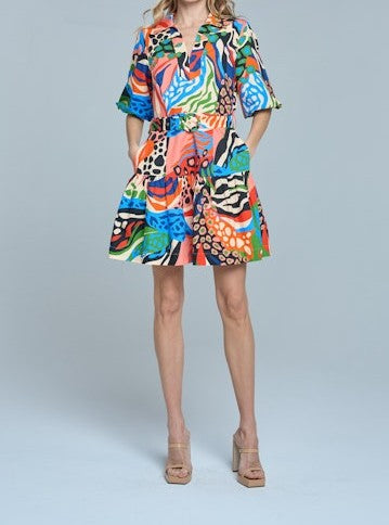 RED MULTI PRINTED BUBBLE SLEEVE AZULA MINI DRESS