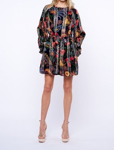 BLACK MULTI FLORAL PRINT METALLIC STRIPE LONG BUBBLE SLEEVE ODETTE MINI DRESS