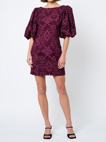 PURPLE EMBROIDERED LACE KESIA MINI DRESS