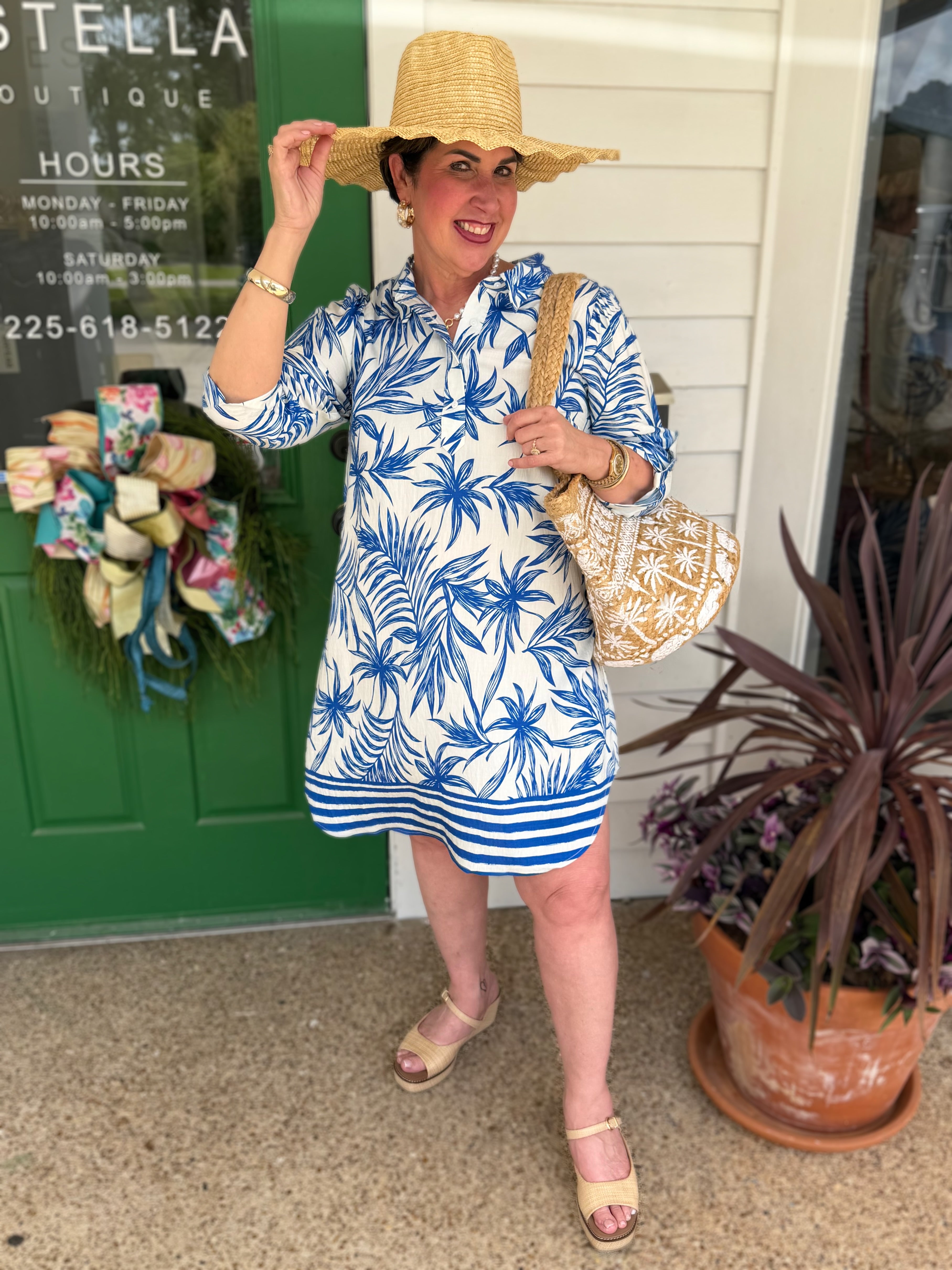 BLUE SUMMER LEAF PRINT COLLARED SHIFT DRESS