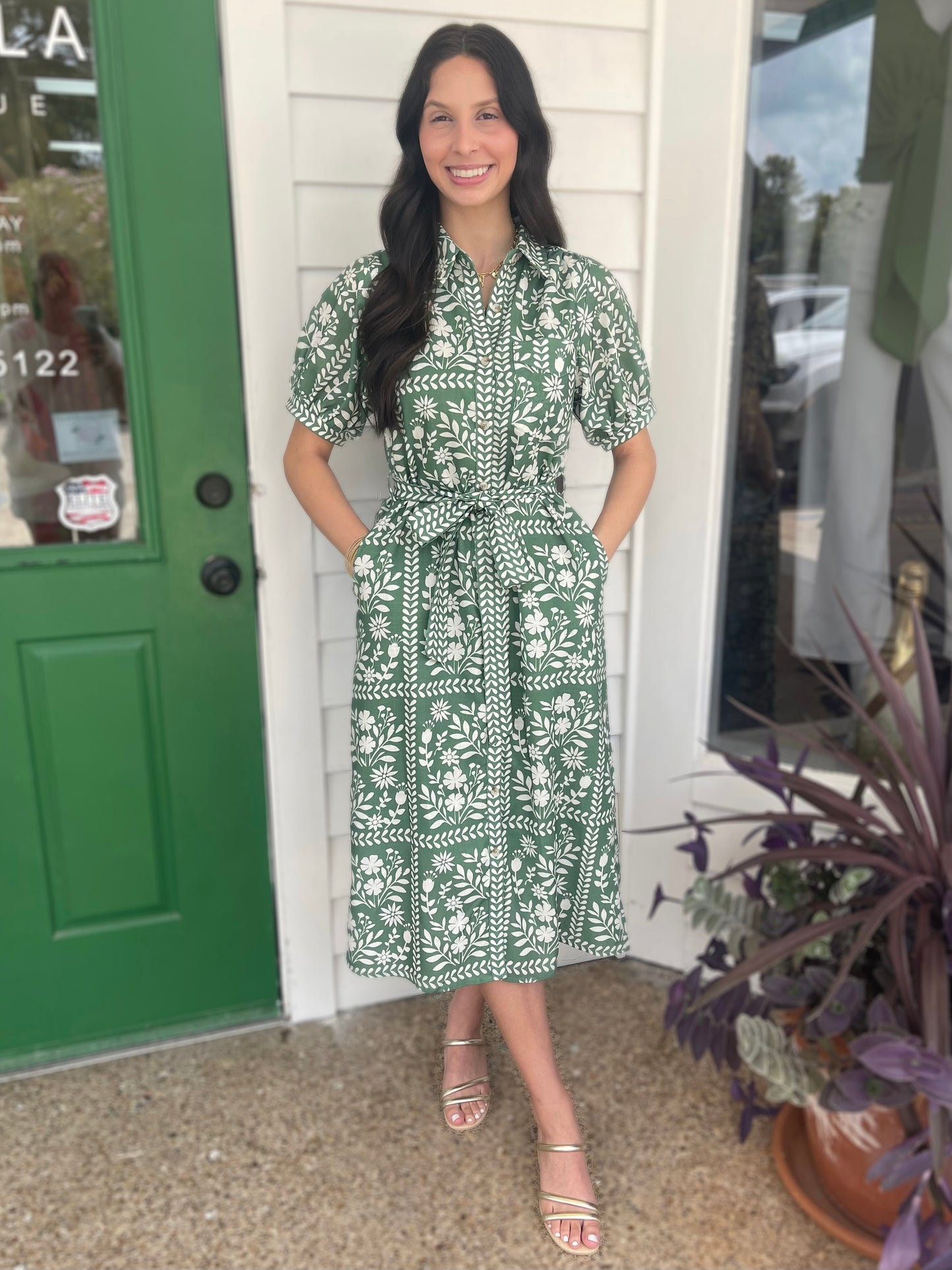 DUSTY GREEN & IVORY PRINTED TIE STRAP SHIRT MIDI DRESS