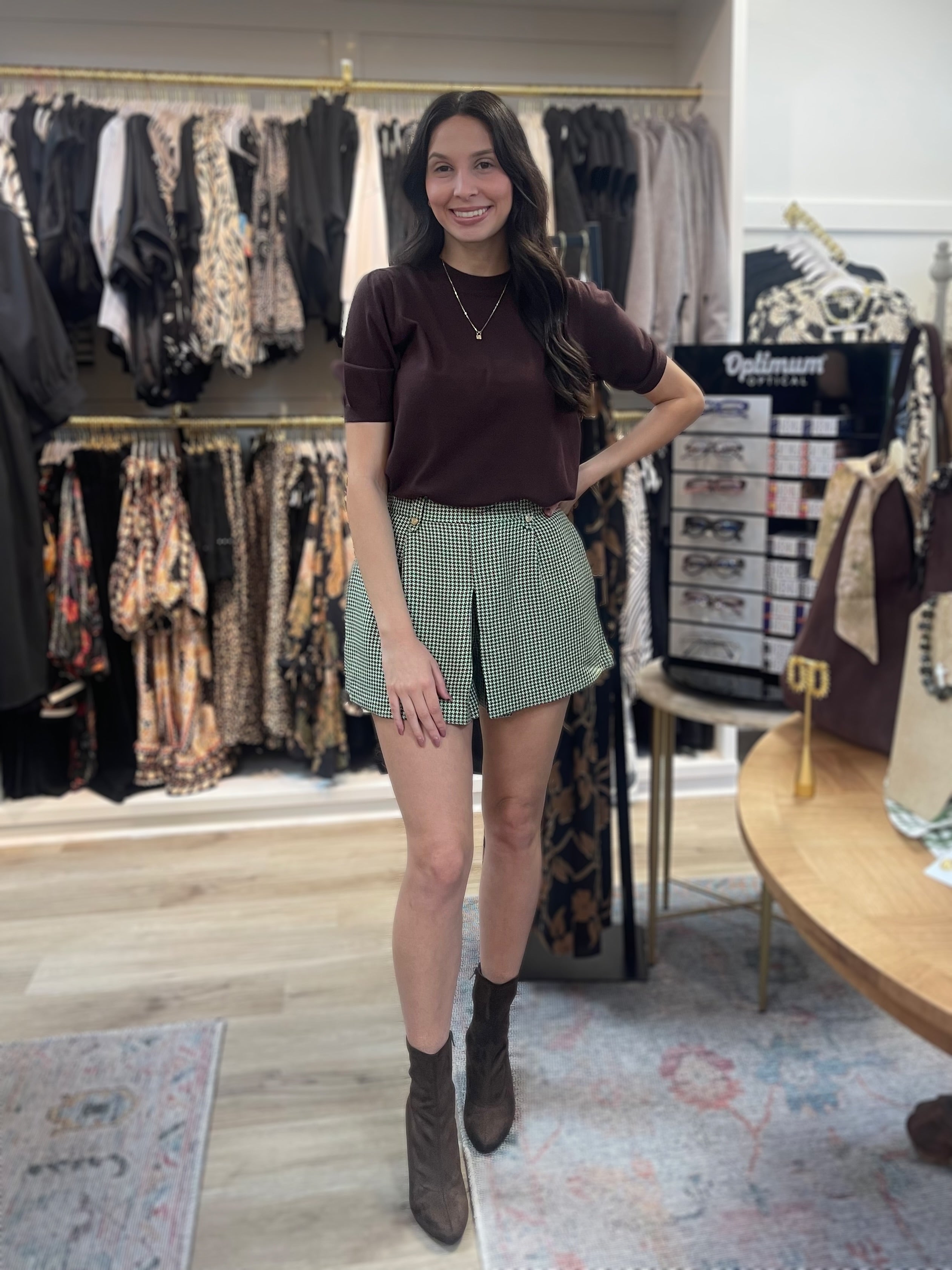 BROWN/MINT GREEN HOUNDSTOOTH PLEATED HIGH RISE SHORTS