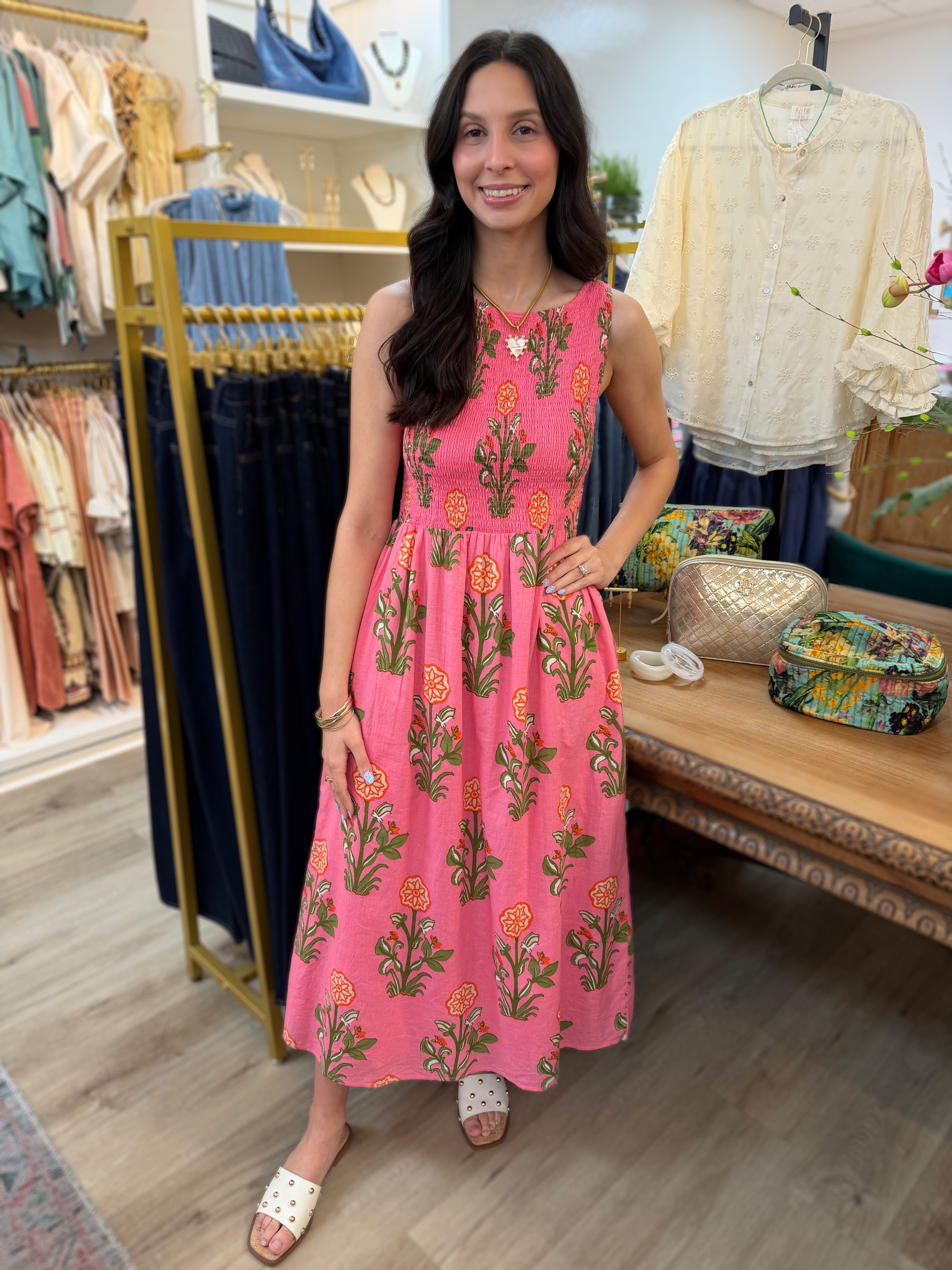 PINK FLORAL PRINT SMOCKED SLEEVELESS MIDI DRESS