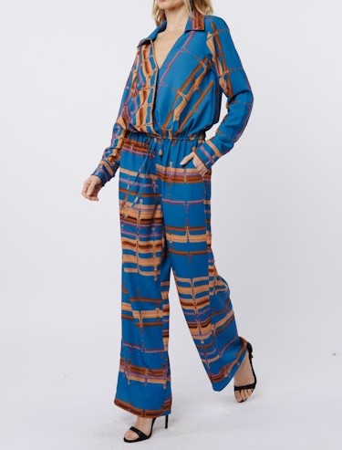 BLUE ABSTRACT STRIPE SURPLICE LONG SLEEVE BUBBLE STACIA TOP