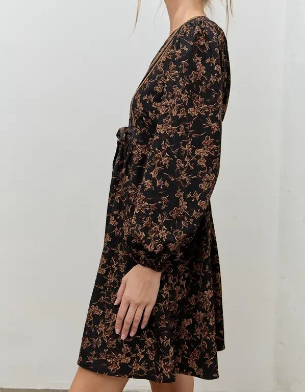 BLACK MULTI FLORAL VNECK LONG BUBBLE SLEEVE MINI DRESS