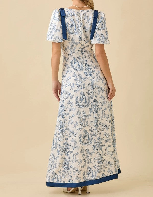 DARK NAVY FLORAL PRINT DEEP VNECK BUBBLE SLEEVE MAXI DRESS