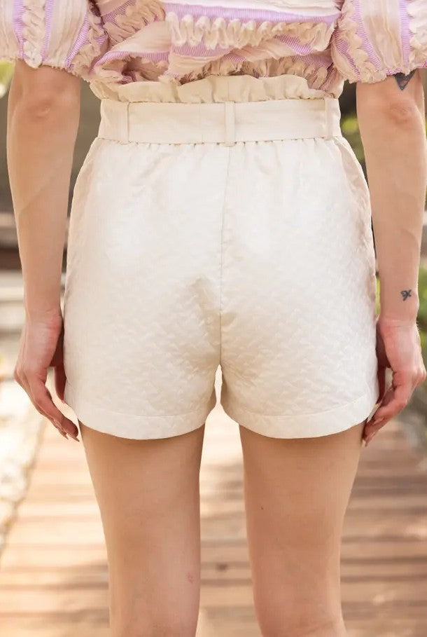 IVORY HIGH WAISTED PAPERBAG TEXTURED WOVEN SHORTS